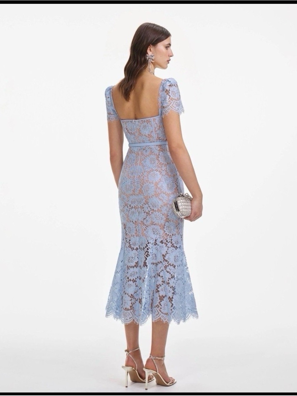 Self-Portrait Powder Blue Lace Midi Dress with Square Back